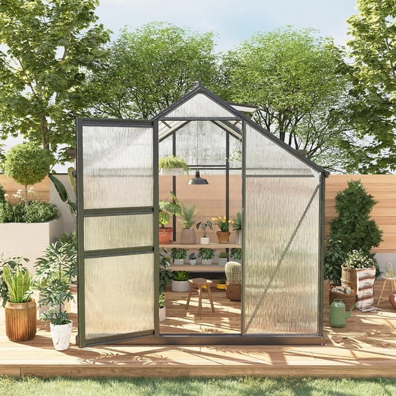 Lumiparty 6×8 ft Walk-In Greenhouse, Heavy Duty Polycarbonate, Windproof Aluminum Frame with Vented Roof for Backyard & Patio Gardening