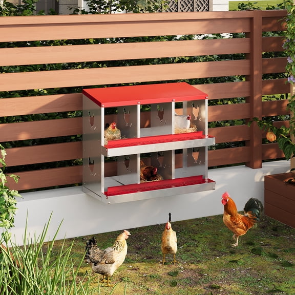 Lumiparty 6 Compartment Metal Chicken Nesting Box, Rollaway Design for Easy Egg Collection, Red