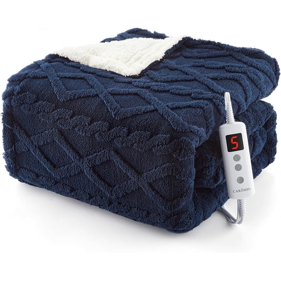 Lumiparty 62" x 84" Electric Heated Blanket Twin Size, with 10 Heating Levels & 10 Time Settings, Machine Washable Sherpa, ETL Certified, Navy Blue