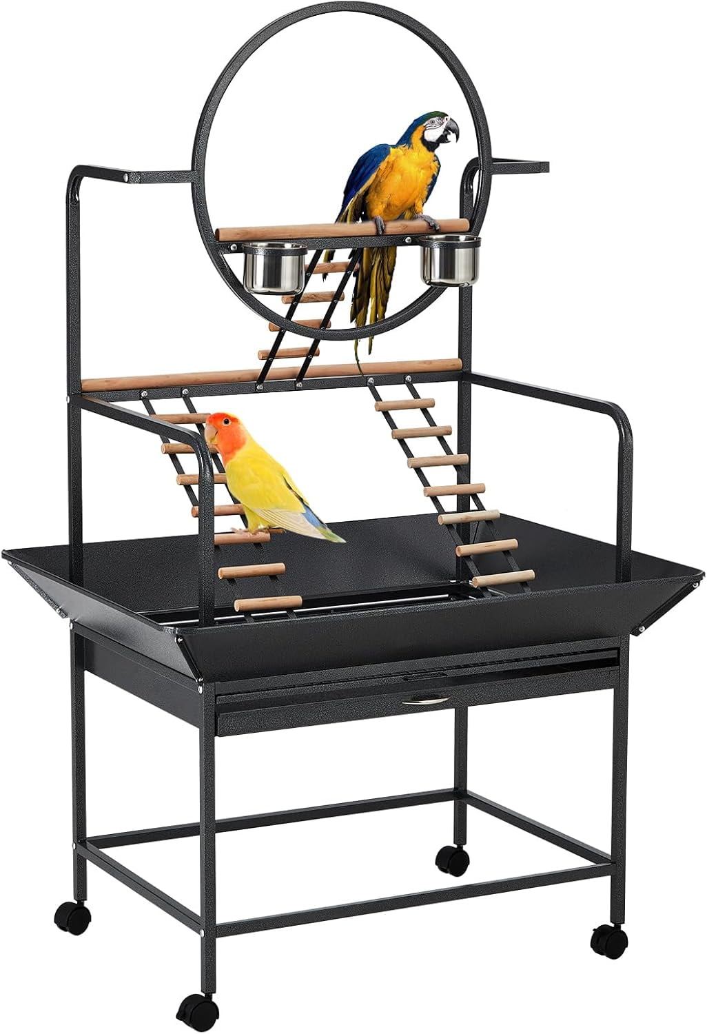 Lumiparty 66-inch Large Bird Playstand with Perches & Ladders, Indoor & Outdoor Activity Center for Parrots, Conures, Cockatiel, Removable Tray & Lockable Casters, Black
