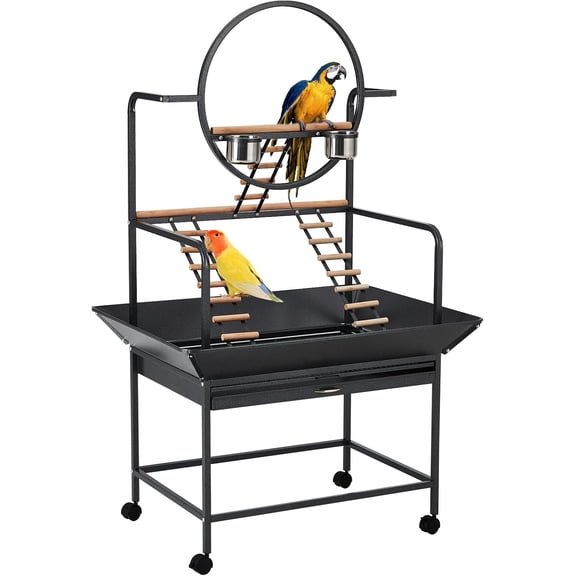 Lumiparty 66-inch Large Bird Playstand with Perches & Ladders, Indoor & Outdoor Activity Center for Parrots, Conures, Cockatiel, Removable Tray & Lockable Casters, Black