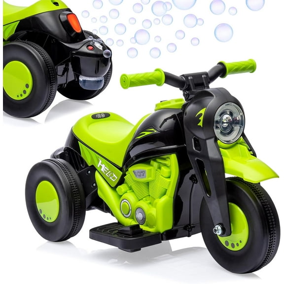 Lumiparty 6V Bubble Motorcycle Ride on Toy Car for Kids, with Music, LED Headlights, Forward/Reserve, Pedal, 3 Wheels Ride on Motorbike for Kids 3-8, Green