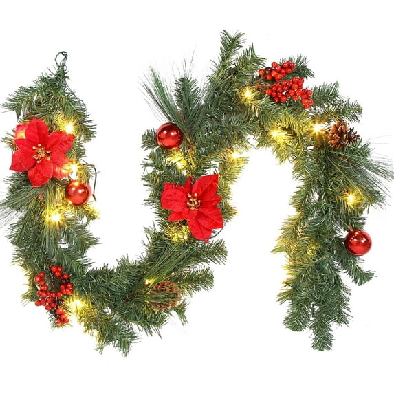 Lumiparty 6ft Christmas Garland, Battery Operated Poinsettia Garland with 20 LED Lights, 8 Modes, Prelit Xmas Garlands for Fireplace Stair Railing Decoration, Red&Green