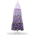 thumbnail image 1 of Lumiparty 6ft Prelit Artificial Christmas Tree, Pre-Lit Snow Flocked Pencil Christmas Tree with RGB & Warm White Lights, Foldable Base, for Holiday Decoration, Party, Purple, 1 of 9