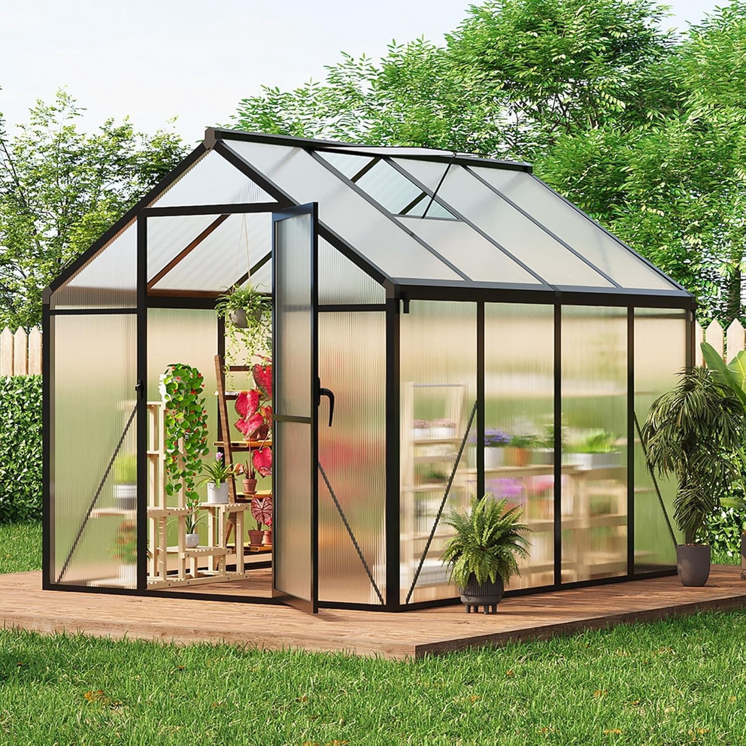 Lumiparty 6x8 ft Polycarbonate Walk-in Greenhouse, Aluminum Frame, Lockable Door, Roof Vent, Outdoor Garden Backyard Patio