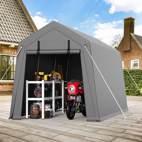 Lumiparty 7' x 10' Portable Outdoor Storage Shed, Heavy Duty Waterproof Shelter Tent with Roll-Up Door, All-Weather Garage for Motorcycle, Bike & ATV, Gray