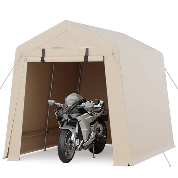 Lumiparty 7' x 10' Portable Outdoor Storage Shed, Heavy Duty Waterproof Shelter Tent with Roll-Up Door, All-Weather Garage for Motorcycle, Bike & ATV, Khaki