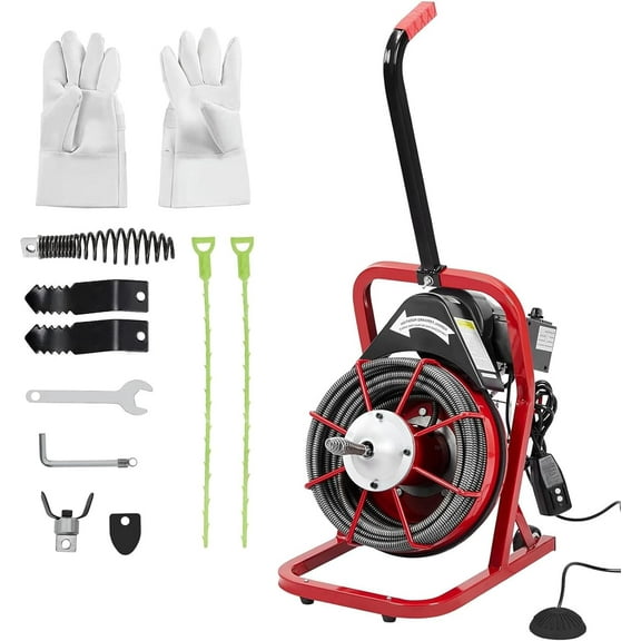 Lumiparty 75ft x 3/8" Electric Drain Cleaner, Auto Feed Drain Auger for 1–4" Pipes, Sewer Snake with Foot Switch & 4 Cutter Blades