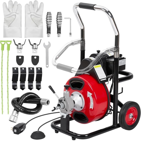 Lumiparty 75ft x 3/8" Electric Drain Cleaner, Automatic Drain Auger for 1–4" Pipes, Portable Sewer Snake with 4 Cutter Blades, Foot Switch & Gloves