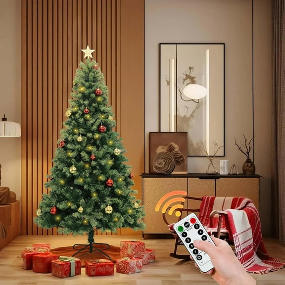 Lumiparty 7FT Artificial Christmas Tree with Light String & Remote Control, Holiday Tree with Christmas Balls, Artificial Pine Lighted Holiday with Metal Stand