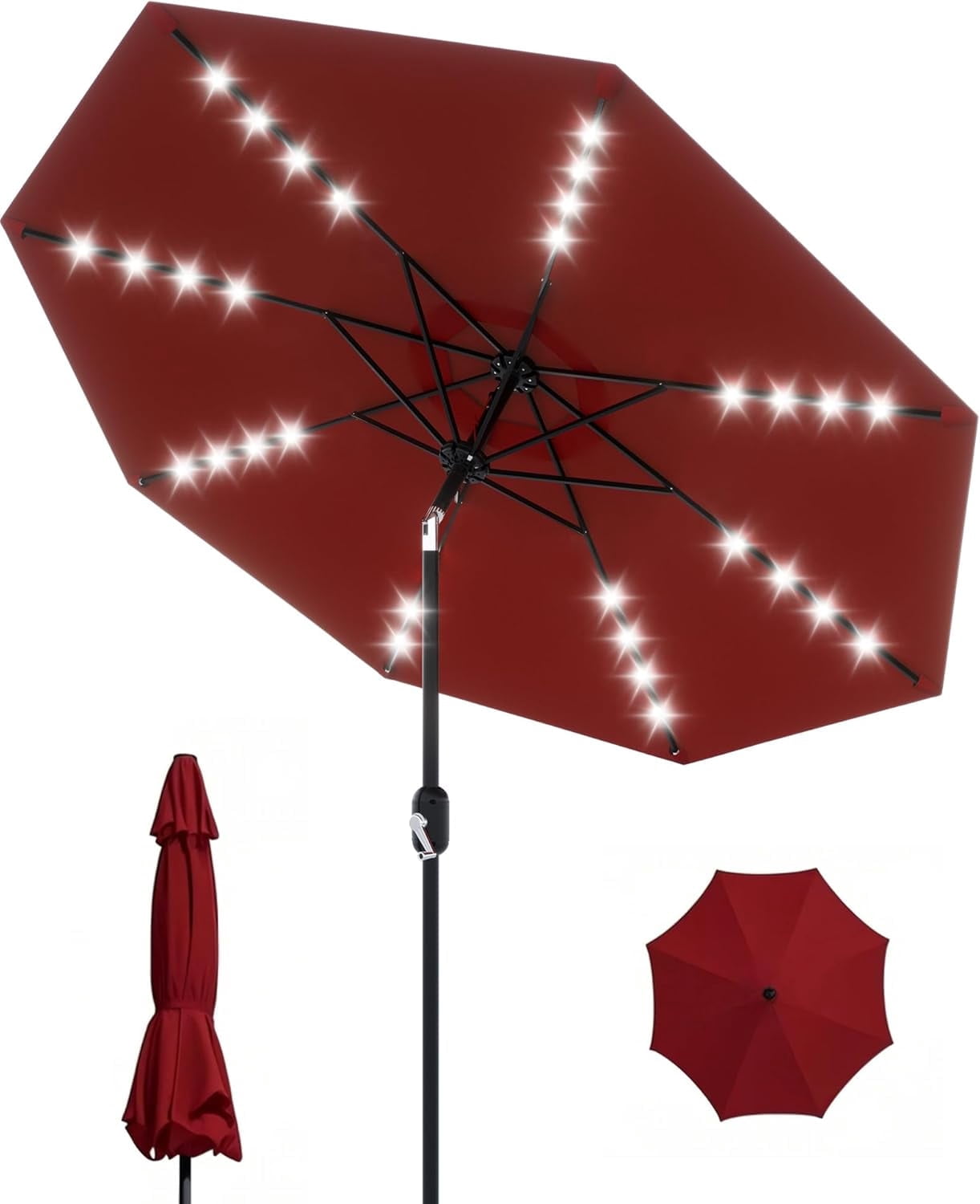 Memoryfield 9 FT Solar LED Patio Umbrella, 8 Ribs Outdoor Tilt Market Table Umbrella with 32 LED Lights, for Pool, Deck, Backyard, Red