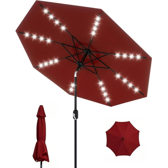 Lumiparty 9 FT Solar LED Patio Umbrella, 8 Ribs Outdoor Tilt Market Table Umbrella with 32 LED Lights, for Pool, Deck, Backyard, Red