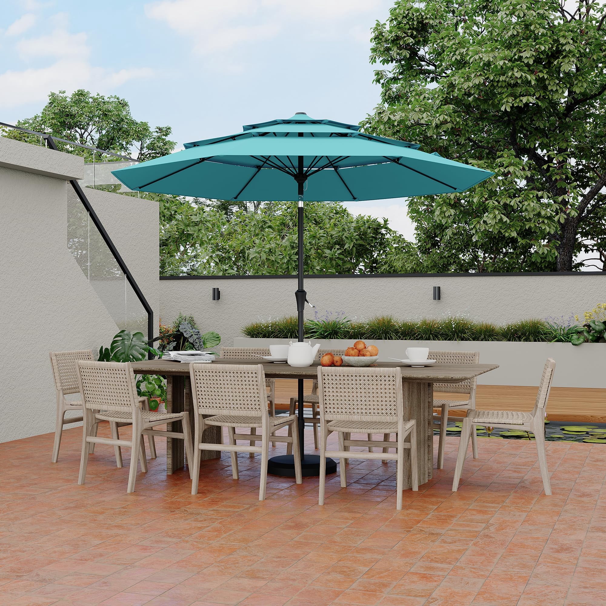 Memoryfield 9FT Outdoor 3-Tier Vented Market Table Umbrella, Heavy-Duty Patio Umbrella with 8 Ribs, Hand Crank & Ventilation, Blue