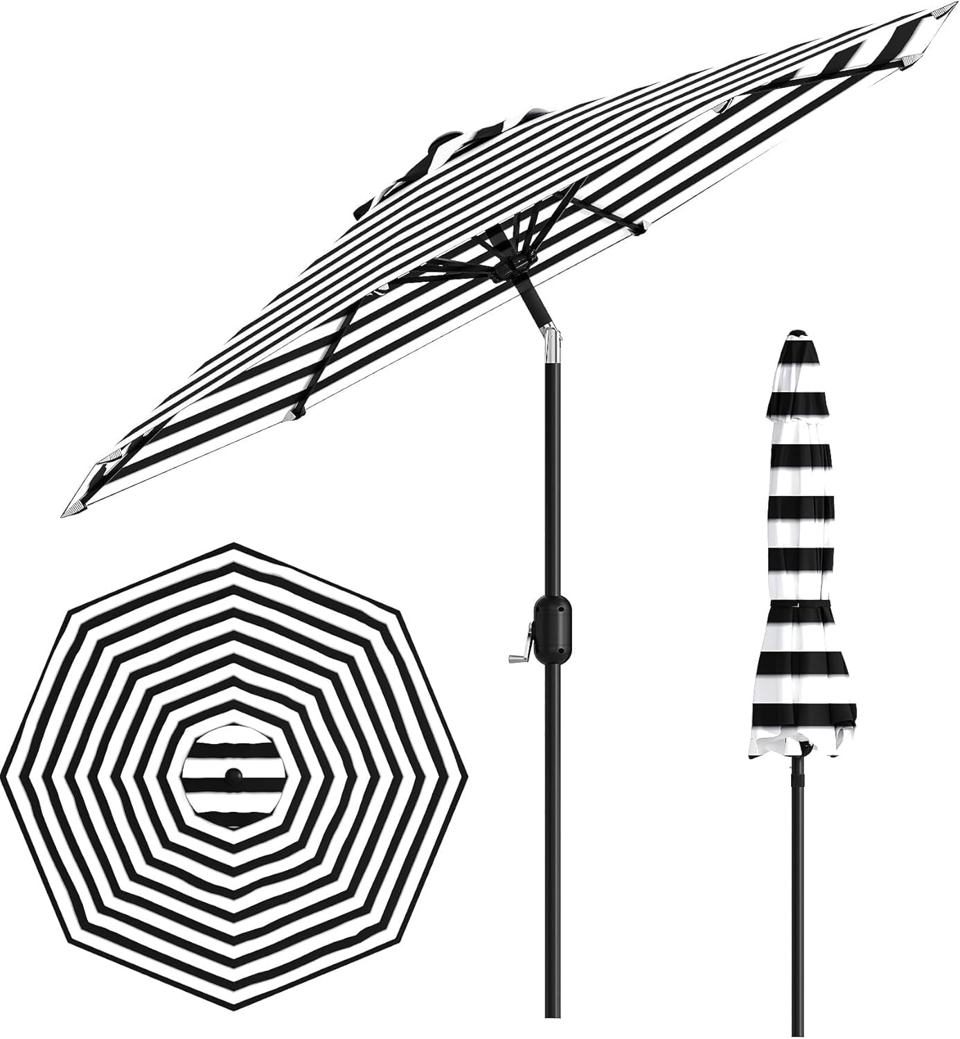Memoryfield 9FT Outdoor Patio Umbrella with 8 Ribs, Push Button Tilt & Crank, Striped Market Umbrella, UV Protection Waterproof for Pool, Deck, Garden, Black & White