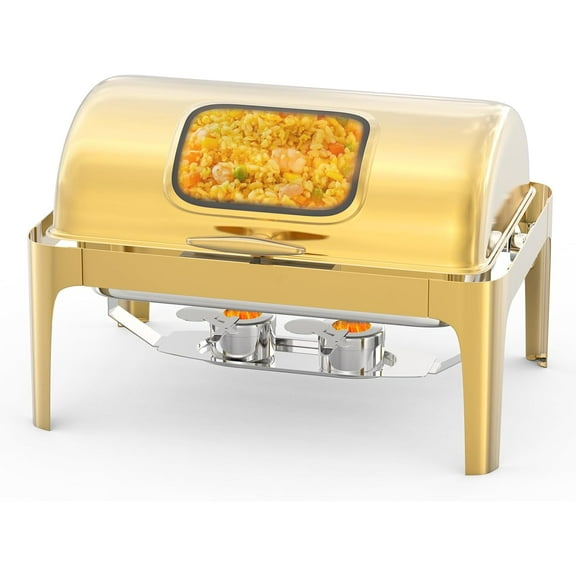 Lumiparty 9QT Chafer Catering Food Warmer Server with Visible Lid, Retangle Stainless Steel Water Pan Stand Fuel Holder Clip,for Parties, Birthday, Hotels and Weddings, Gold