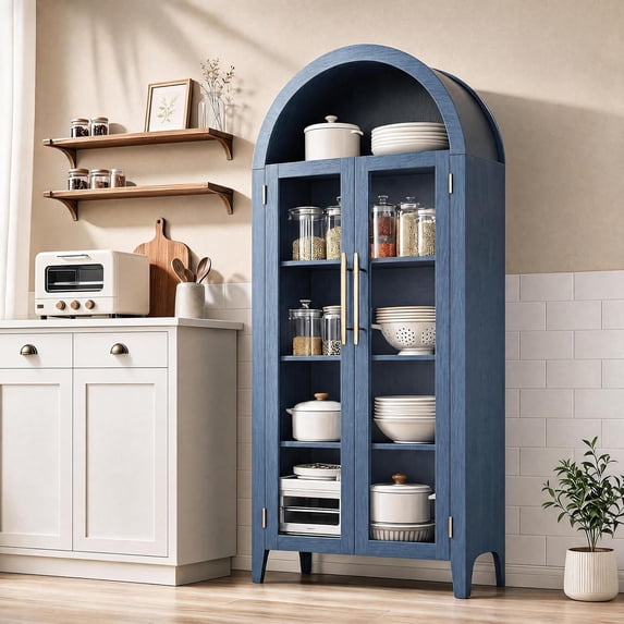 Lumiparty Arched Kitchen Pantry Cabinet, 5-Tier Storage Cabinet for Kitchen Dining Room, Blue
