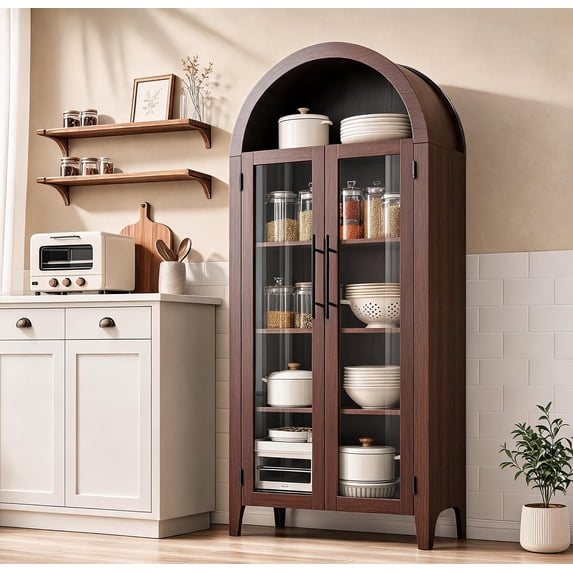 Lumiparty Arched Kitchen Pantry Cabinet, 5-Tier Storage Cabinet for Kitchen Dining Room, Walnut