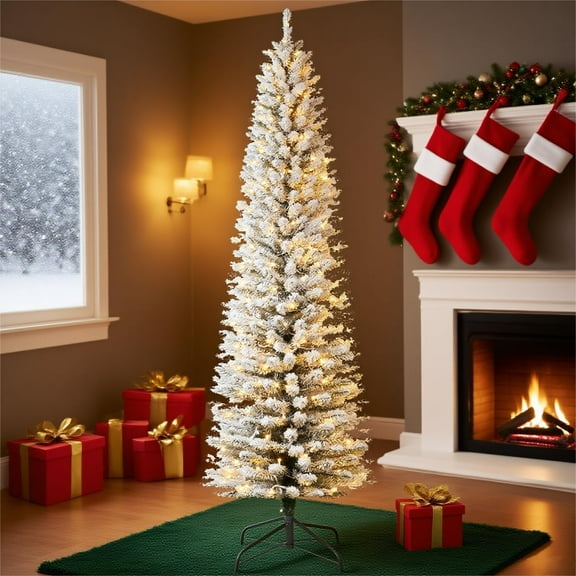 Lumiparty Artificial Christmas Tree, 9 FT Large Flocked Slim Pencil Christmas Tree with Lights, Snowy Branch Tips, Metal Stand for Living Rooms, Balconies, Entryways, Outdoor