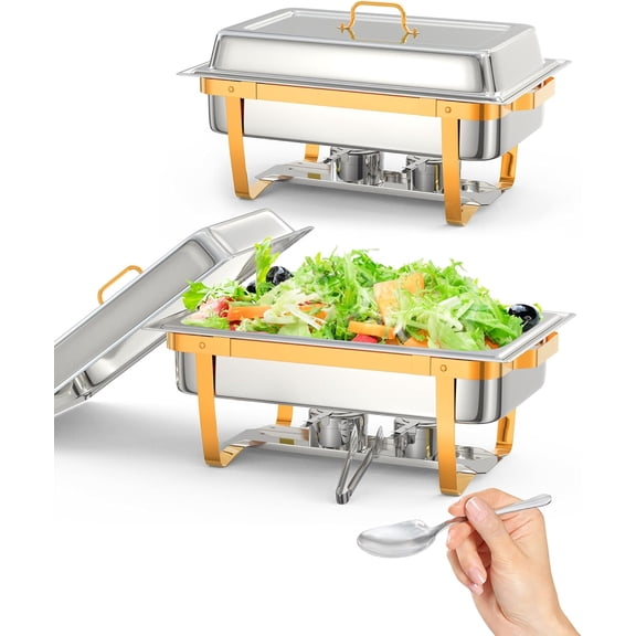 Lumiparty Chafing Dish for Buffet Set, 2 Packs 8 QT Chafers and Buffet Warmers Sets with Folding Frame, Spoon & Tweezer for Weddings Parties Banquets Catering Events, Go