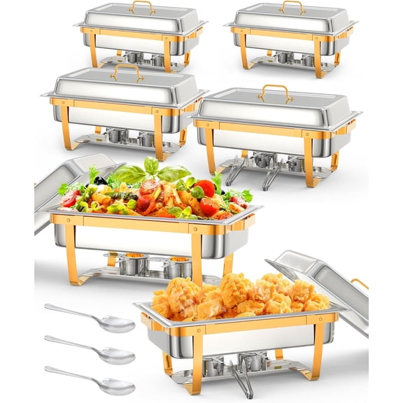 Lumiparty Chafing Dish for Buffet Set, 6 Packs 8 QT Chafers and Buffet Warmers Sets with Folding Frame, Spoon & Tweezer for Weddings Parties Banquets Catering Events, Go