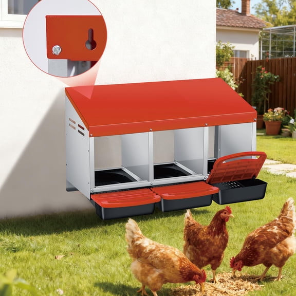 Lumiparty Chicken Nesting Box, 3-Hole Wall Mount Metal Hen Nesting Box with Roll Away Egg Collection and Easy-Clean Pull-Out Tray for Chicken Coop, Orange