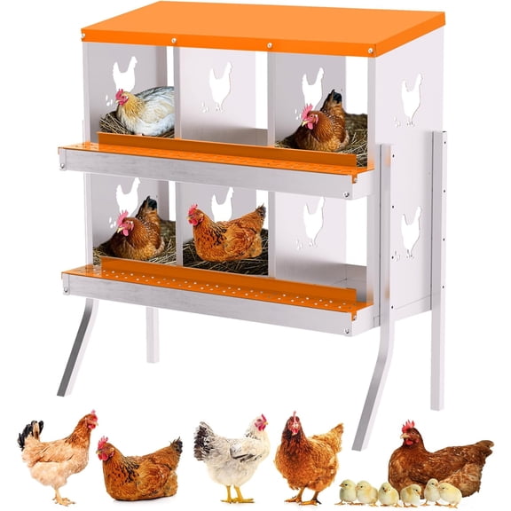 Lumiparty Chicken Nesting Box, 6 Compartment Chicken Laying Boxes with Bracket Legs, Metal Nesting Boxes for Chicken Coop, Roll Away Nest Box, Easy Egg Collection, Orange