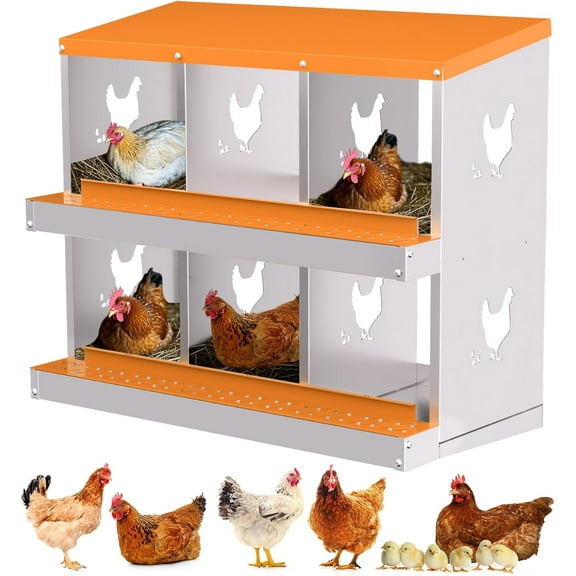 Lumiparty Chicken Nesting Box, 6 Compartment Chicken Laying Boxes, Metal Nesting Boxes for Chicken Coop, Roll Away Nest Box, Easy Egg Collection, Orange