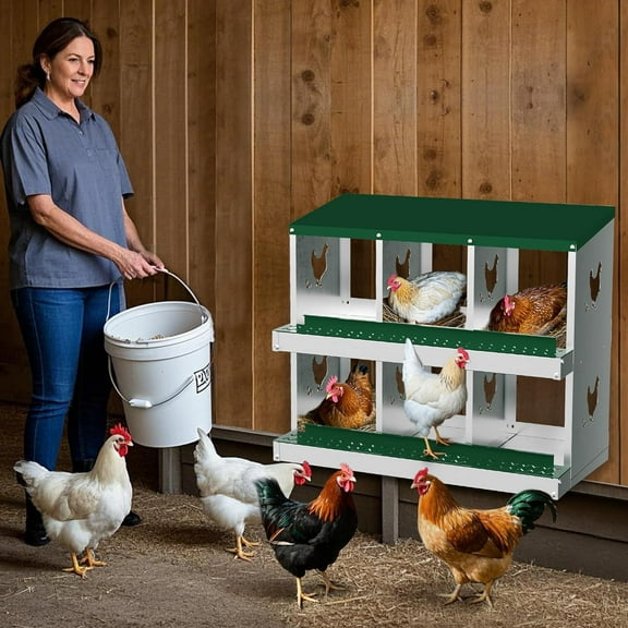Lumiparty Chicken Nesting Box, 6 Compartment Hens Egg Nest Box, Metal Chicken Laying Box House with Rollout Egg Collection and Protective Lid, Green