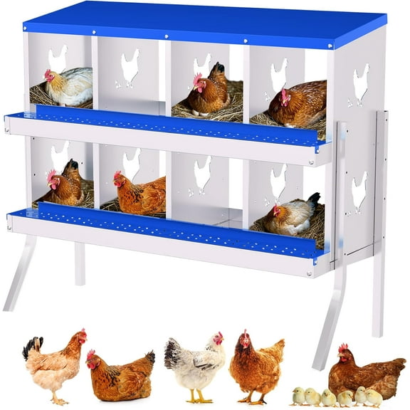 Lumiparty Chicken Nesting Box, 8 Compartment Chicken Laying Boxes with Bracket Legs, Metal Nesting Boxes for Chicken Coop, Roll Away Nest Box, Easy Egg Collection, Blue