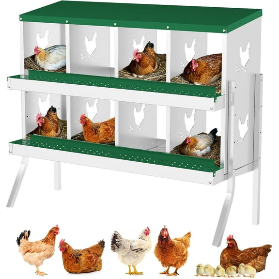 Lumiparty Chicken Nesting Box with Bracket Legs, 8 Compartment Hens Egg Nest Box, Metal Chicken Laying Box House with Rollout Egg Collection and Protective Lid, Green