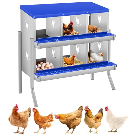 Lumiparty Chicken Nesting Box for Laying Eggs, 6 Compartment Two-Tier Galvanized Steel Hen Nest Box with Large Vents, Wall Mount for Chicken Coop, Blue