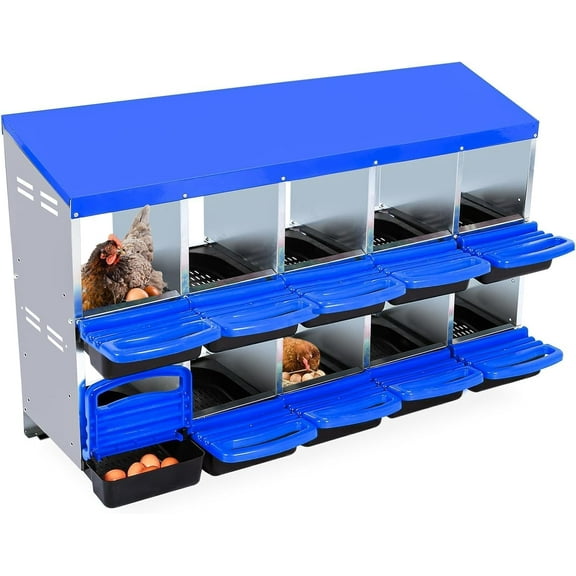 Lumiparty Chicken Nesting Boxes for Laying Eggs, 10 Compartments Metal Egg Laying Boxes, with Collecting Eggs Trays, Easy to Clean, for Chickens and Ducks, Blue