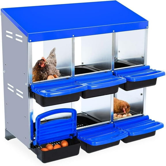 Lumiparty Chicken Nesting Boxes for Laying Eggs, 6 Compartments Metal Egg Laying Boxes, with Collecting Eggs Trays, Easy to Clean, for Chickens and Ducks, Blue