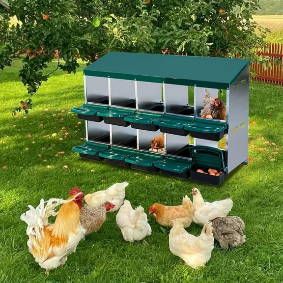 Lumiparty Chickens Nesting Boxes, 10 Compartment Roll Away Hens Nesting Box with Egg Collection, Perch, Lid Cover for Egg Protection, Green