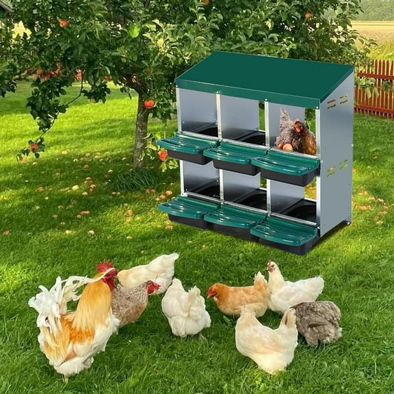 Lumiparty Chickens Nesting Boxes, 6 Compartment Roll Away Hens Nesting Box with Egg Collection, Perch, Lid Cover for Egg Protection, Green