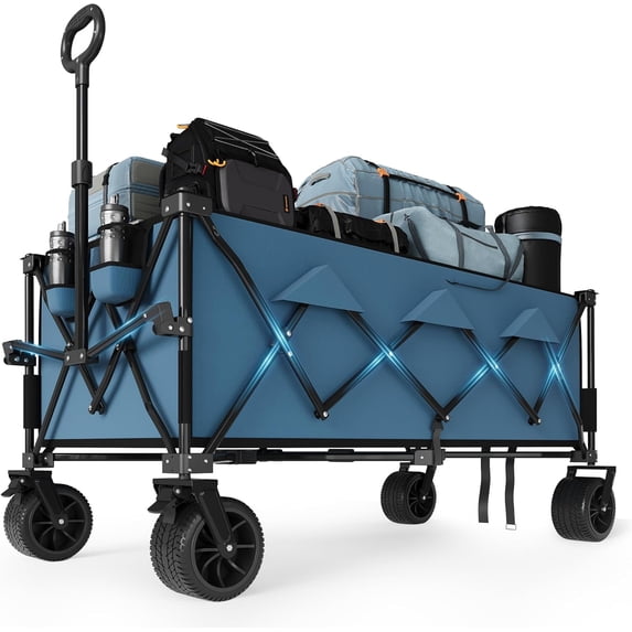 Lumiparty Collapsible Wagon Cart, Portable Large Utility Wagon for Camping, Beach, Picnic, Shopping, Sports, and Grocery Transport, Blue