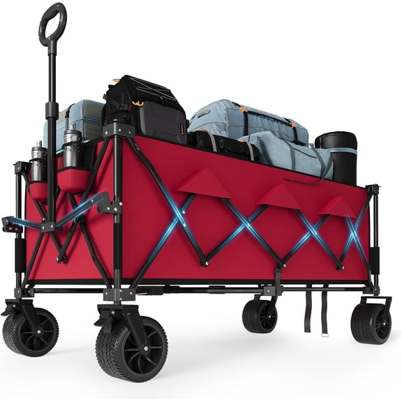 Lumiparty Collapsible Wagon Cart, Portable Large Utility Wagon for Camping, Beach, Picnic, Shopping, Sports, and Grocery Transport, Red