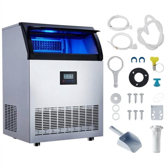 Lumiparty Commercial Ice Maker Machine, 200 lbs/24H Ice Production with 55 lbs Storage Bin, Self-Cleaning & Adjustable Ice Thickness for Bar, Hotel & Restaurant