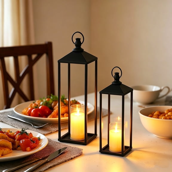 Lumiparty Decorative Lanterns Set of 2 with LED Candles, 22" & 19" Black Metal Lanterns for Home Decor