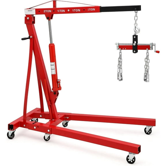 Lumiparty Engine Hoist, 2 Ton 4400 LBS Folding Hydraulic Engine Lifter with Crane Leveler, Shop Crane for Motor Repair, Weight Lifting & Loading, Red