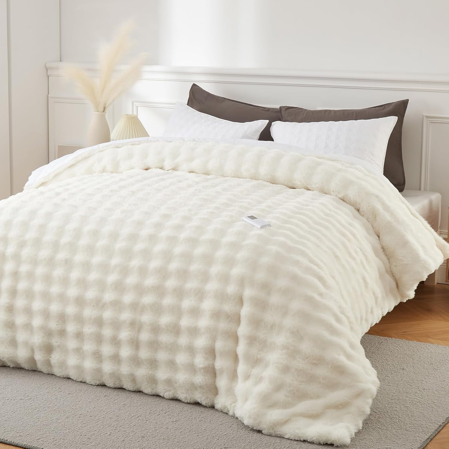 Lumiparty Fluffy Heated Comforter Electric Blanket Queen Size 90"x90", with Wireless Controller, Faux Fur Bubble Fuzzy Bedding Comforter, 6 Heat Levels & 10 Hours Auto-Off, Beige