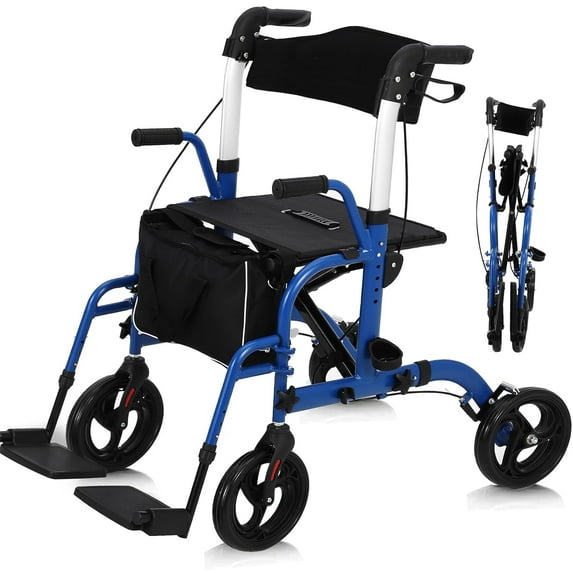 Lumiparty Folding Rollator Walkers for Seniors, Lightweight Rolling Walker with Seat and Wheel, Adjustable Height Mobility Walkers, Blue