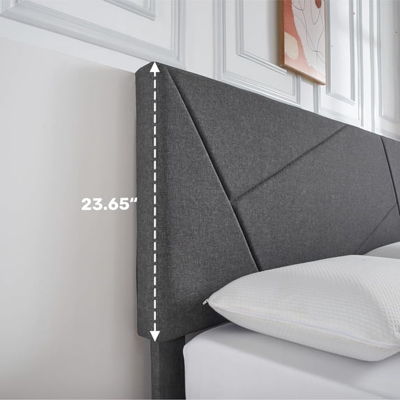 Lumiparty Full Size Bed Frame with Upholstered Geometric Headboard, Heavy-Duty Platform Bed, No Box Spring Needed, Dark Grey