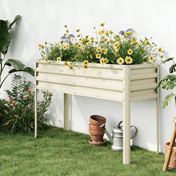 Lumiparty Galvanized Raised Garden Bed with Legs & Water Storage, 50×32×17 in Metal Planter Box, Outdoor Raised Garden Beds Gardening, Durable Planter Raised Beds, Beige