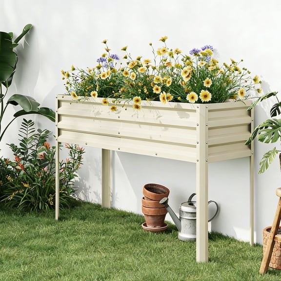 Lumiparty Galvanized Raised Garden Bed with Legs & Water Storage, 50×32×17 in Metal Planter Box, Outdoor Raised Garden Beds Gardening, Durable Planter Raised Beds, Beige