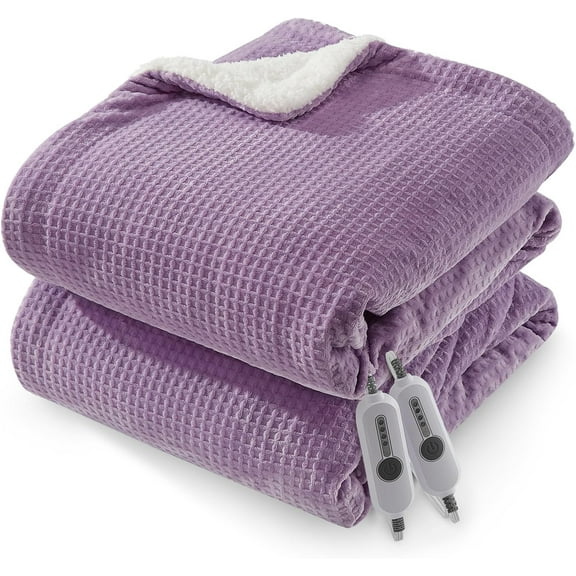 Lumiparty Heated Blanket Queen Size 84"x90", with Dual Control, Waffle Electric Throw Blanket with ETL Certified, 4 Heating Levels & 10 Hours Auto Off & Machine Washable, Purple