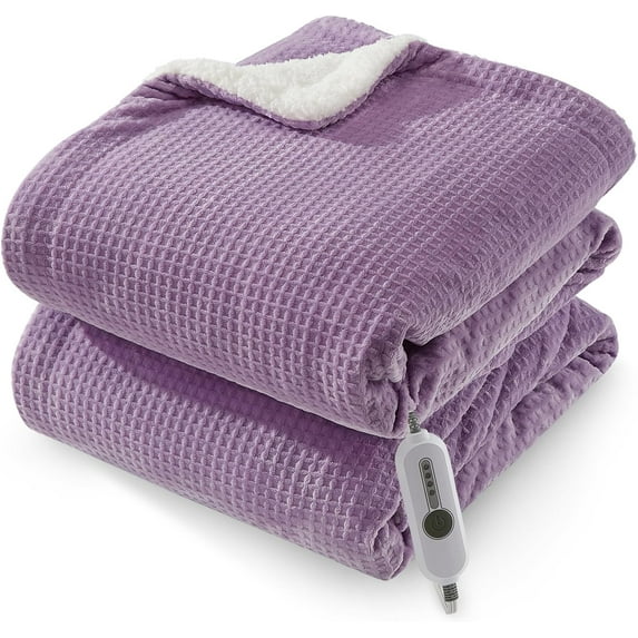 Lumiparty Heated Blanket Twin Size 62"x84", Waffle Electric Blanket with ETL Certified, Soft Flannel, 4 Heating Levels & 10 Hours Auto Off & Machine Washable, Purple