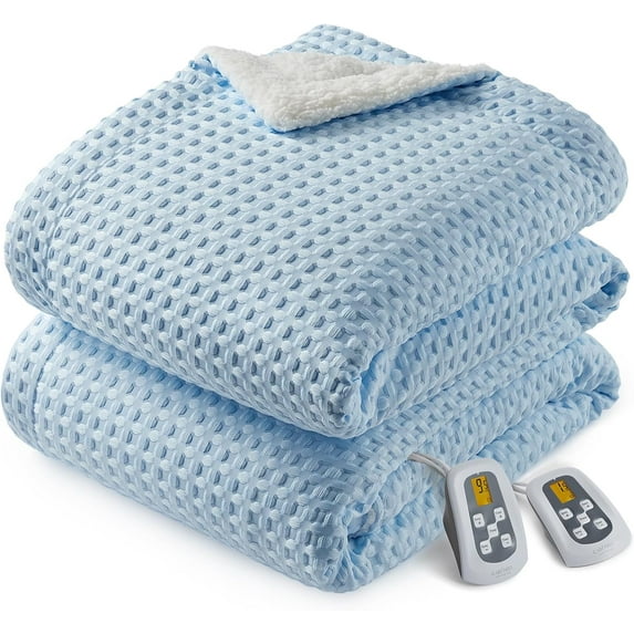 Lumiparty Heated Electric Blanket King Size 90"x100", Sherpa Heating Blanket with LCD Controller, 10 Heat Levels, Machine Washable, Light Blue