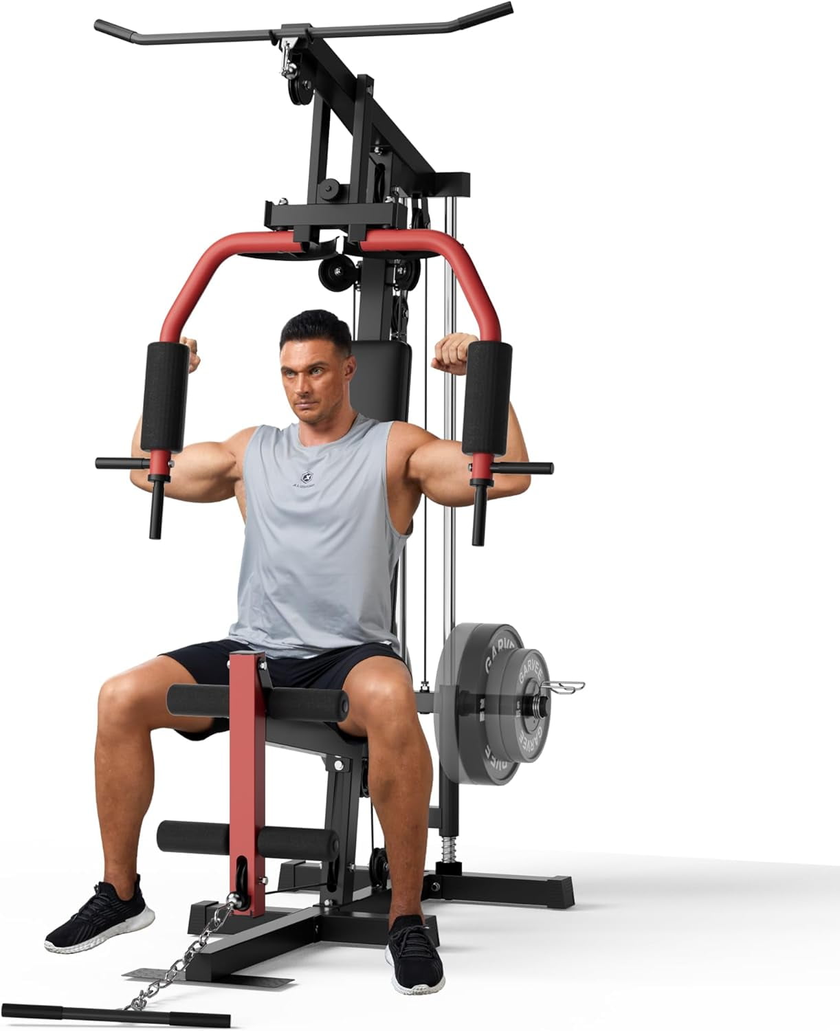 Lumiparty Home Gym System with Leg Press & Cable Pulley, Full-Body Strength Workout Equipment for Weight Plates 1"&2" (Plates Not Included), Black & Red