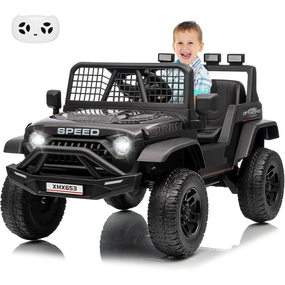 Lumiparty Kids Ride on Car Truck, 12V Kids Electric Vehicles Car Ride on Toy for Toddlers with Remote Control, 3 Speeds, LED Light, Music, USB for 3-6 Years, Black